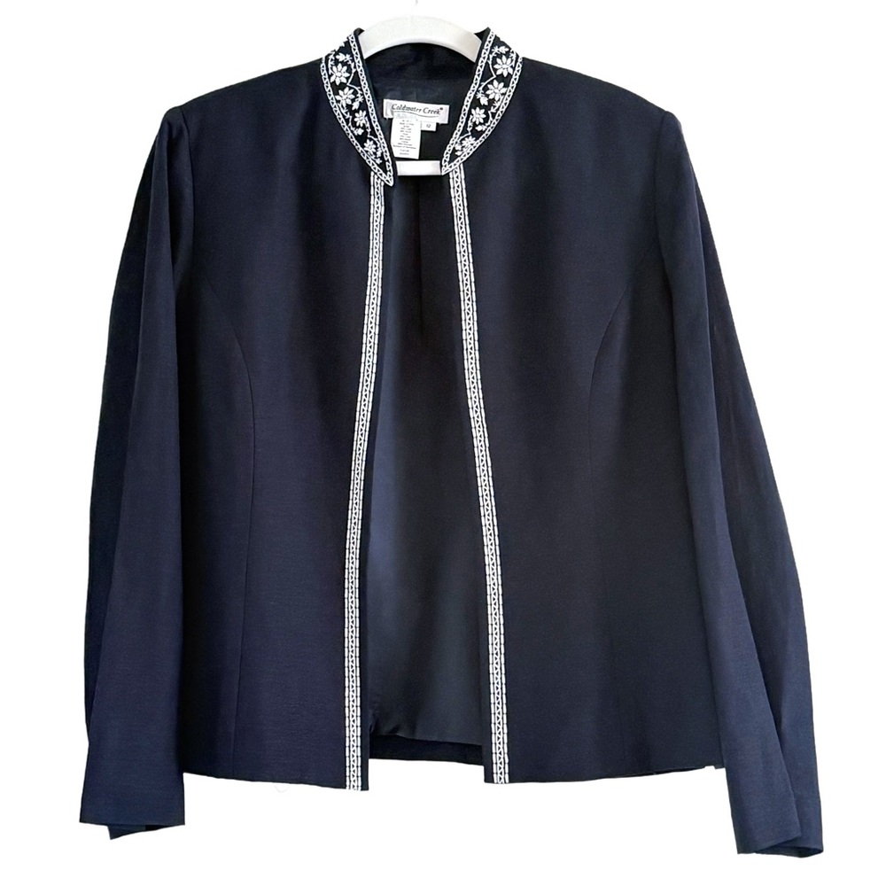 Coldwater Creek Navy Embroidered Linen Blazer Size 12